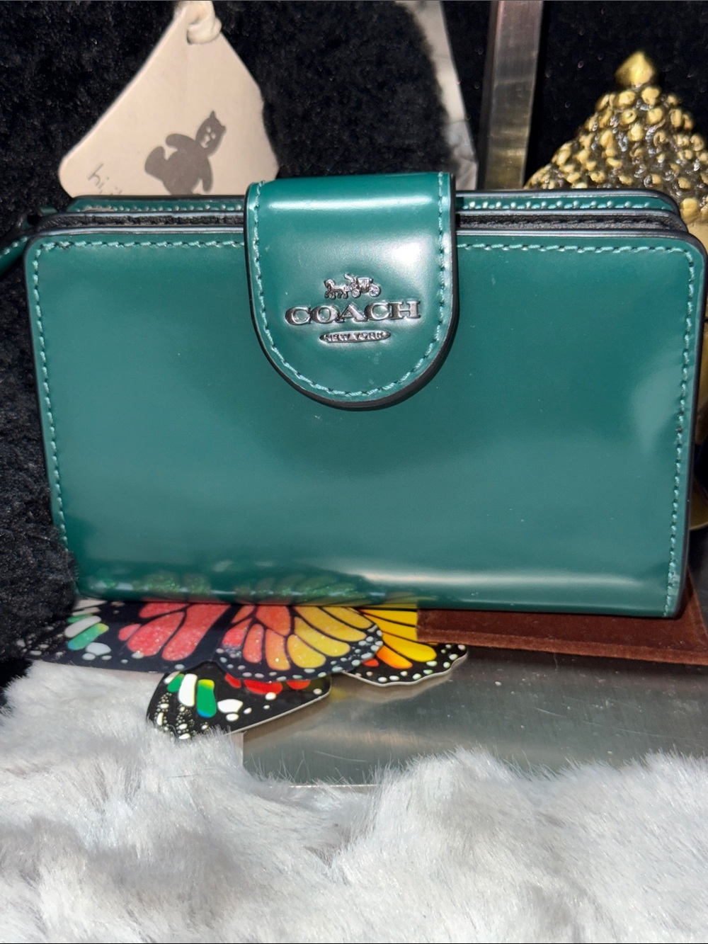 COACH Teal Corner Zip Compact Leather Snap Wallet - Picture 12 of 12